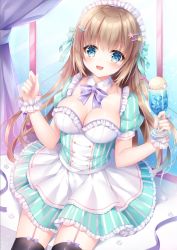 Rule 34 | 1girl, apron, black thighhighs, blue eyes, blush, bow, bowtie, breasts, cleavage, cup, curtains, detached collar, dress, drinking straw, feet out of frame, food, garter straps, gem, green dress, hair ornament, hair ribbon, hairclip, highres, ice cream, ice cream float, kohinata hoshimi, large breasts, light brown hair, long hair, maid, maid apron, maid headdress, open mouth, original, pearl (gemstone), puffy short sleeves, puffy sleeves, purple bow, purple bowtie, ribbon, scrunchie, short sleeves, sitting, solo, striped clothes, striped dress, thighhighs, vertical-striped clothes, vertical-striped dress, window, wrist scrunchie