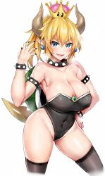 Rule 34 | 1girl, black nails, blonde hair, blue eyes, blue gk, blush, bowsette, bracelet, breasts, brooch, cleavage, collar, covered navel, cowboy shot, crown, earrings, fingernails, hand on own hip, highres, horns, huge breasts, jewelry, leotard, looking at viewer, mario (series), nail polish, new super mario bros. u deluxe, nintendo, open mouth, pointy ears, ponytail, sharp fingernails, sharp teeth, simple background, smile, solo, spiked bracelet, spiked collar, spiked shell, spikes, super crown, teeth, thick eyebrows, thighhighs, white background