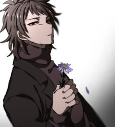 Rule 34 | 1boy, black jacket, brown hair, brown sweater, commentary request, flower, gradient background, hand up, harada minoru, holding, holding flower, jacket, long sleeves, male focus, medium hair, open clothes, open jacket, parted bangs, purple flower, red eyes, saibou shinkyoku, shinonogi, simple background, solo, sweater, upper body