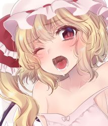 Rule 34 | 1girl, alternate costume, arms at sides, asa (coco), bare shoulders, blonde hair, blush, bow, breasts, camisole, collarbone, fangs, flandre scarlet, hair between eyes, hair bow, hair ribbon, hat, looking at viewer, mob cap, one eye closed, open mouth, red eyes, ribbon, saliva, short hair, side ponytail, sketch, slit pupils, small breasts, solo, strap slip, tongue, touhou, uvula, vampire, wavy hair, wings