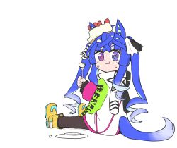 Rule 34 | 1girl, @ @, animal ears, animal hood, birthday, blue eyes, blue hair, boots, bow, brown pantyhose, cake, cake on head, cheno (amakuchi mustard), chewing, closed mouth, clothes writing, commentary, crossed bangs, eating, food, food on face, food on head, fork, fruit, hair bow, hand up, heterochromia, highres, holding, holding fork, hood, hoodie, horse ears, horse girl, horse tail, long hair, long sleeves, looking at viewer, looking back, multicolored clothes, multicolored hoodie, object on head, on floor, pantyhose, plate, purple eyes, rabbit hood, sidelocks, simple background, sitting, solo, strawberry, strawberry cake, striped, striped bow, tail, twin turbo (umamusume), twintails, umamusume, white background, yellow footwear