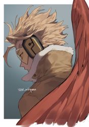 Rule 34 | 1boy, absurdres, artist name, blonde hair, boku no hero academia, border, brown jacket, commentary, feathered wings, forked eyebrows, fur-trimmed jacket, fur trim, goggles, half-closed eyes, hawks (boku no hero academia), headphones, high collar, highres, jacket, male focus, misa (jjin miryeon), orange eyes, outside border, profile, red wings, short hair, solo, symbol-only commentary, tinted eyewear, white border, wings, yellow-tinted eyewear