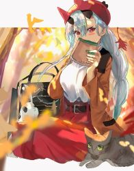 Rule 34 | 1girl, alternate costume, alternate hairstyle, autumn leaves, bag, belt, black belt, blush stickers, book, braid, brown coat, cat, coat, commentary request, covering own mouth, falling leaves, fate/grand order, fate (series), highres, jinbei (user tpny4757), leaf, long hair, long skirt, rabbit, red eyes, red skirt, shopping bag, silver hair, skirt, solo, sweater, tomoe gozen (fate), twin braids, white sweater