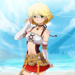 Rule 34 | 1girl, blonde hair, breasts, closed mouth, commentary request, fiora (xenoblade), green eyes, looking at viewer, nintendo, short hair, smile, solo, xenoblade chronicles 1, xenoblade chronicles (series), yazwo