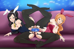 Rule 34 | 2girls, animal ears, aquarium, ass, bell, black hair, black legwear, blue eyes, blush, bow, bowtie, breast slip, breasts, brown eyes, cat ears, cleavage, clitoris, clothing aside, costume, couch, cum, curvy, detached sleeves, dildo, double dildo, ejaculation, fake animal ears, female ejaculation, female focus, fish, ggc, hip focus, jingle bell, large breasts, legs, leotard, leotard aside, long hair, lying, manta ray, multiple girls, nami (one piece), navel, necktie, nico robin, nipples, no bra, no panties, no shoes, object insertion, on couch, on side, one breast out, one piece, open mouth, orange hair, pantyhose, playboy bunny, pussy, pussy juice, pussy juice puddle, rabbit ears, sex toy, spread legs, sunfish, teeth, thick thighs, thighs, tongue, tongue out, torn clothes, uncensored, vaginal, vaginal object insertion, wide hips, yellow neckwear, yuri
