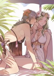 Rule 34 | 2girls, adjusting another&#039;s hair, all fours, beach umbrella, bikini, black bikini, blue hair, breasts, byleth (female) (fire emblem), byleth (female) (summer) (fire emblem), byleth (fire emblem), cape, cleavage, dagger, female focus, fire emblem, fire emblem: three houses, fire emblem heroes, flower, green eyes, green hair, hair flower, hair ornament, highres, ikarin, knife, looking at another, matching hair/eyes, multiple girls, navel, nintendo, official alternate costume, palm tree, plant, rhea (fire emblem), shade, sitting, smile, sunlight, swimsuit, tree, umbrella, wariza, weapon, yuri