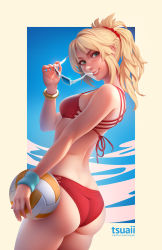 Rule 34 | 1girl, ass, ball, bikini, blonde hair, blush, bracelet, braid, breasts, commentary, commission, cowboy shot, day, english commentary, unworn eyewear, fate/apocrypha, fate/grand order, fate (series), from behind, green eyes, highres, holding, holding removed eyewear, jewelry, legs together, lips, long hair, looking at viewer, looking back, medium breasts, mordred (fate), mordred (fate) (all), mordred (swimsuit rider) (fate), parted lips, photoshop (medium), ponytail, red bikini, smile, solo, standing, string bikini, sunglasses, swimsuit, teeth, tsuaii, volleyball, volleyball (object)