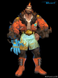 Rule 34 | 1boy, absurdres, bara, beard, belt, belt buckle, black background, black leggings, boots, buckle, facial hair, fiery hair, full body, fur-trimmed jacket, fur trim, green eyes, green shorts, hand on own hip, highres, huge eyebrows, jacket, knee boots, large hands, large pectorals, leggings, long beard, male focus, mature male, multiple belts, muscular, muscular male, mustache, open clothes, open jacket, orange footwear, orange jacket, original, pectoral cleavage, pectorals, powerlesssong, prosthesis, prosthetic hand, short hair, shorts, solo, standing, thick mustache, wrestler, wrestling outfit
