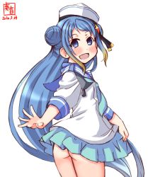 Rule 34 | 1girl, alternate hairstyle, aqua neckerchief, aqua skirt, artist logo, ass, blue eyes, blue hair, blue sailor collar, commentary request, cosplay, cowboy shot, dated, dixie cup hat, double bun, from behind, gradient hair, hair bun, hat, highres, kanon (kurogane knights), kantai collection, long hair, long sleeves, looking at viewer, looking back, military hat, miniskirt, multicolored hair, name connection, neckerchief, no panties, pleated skirt, sailor collar, samidare (kancolle), samuel b. roberts (kancolle), samuel b. roberts (kancolle) (cosplay), school uniform, serafuku, shirt, simple background, skirt, sleeve cuffs, solo, swept bangs, very long hair, white background, white hat, white shirt