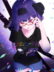 Rule 34 | 1girl, adjusting eyewear, alternate costume, alternate hair color, arm behind back, bespectacled, black hairband, black shirt, black thighhighs, blue shorts, breasts, casual, character request, collarbone, commentary request, cowboy shot, glasses, hairband, highres, jewelry, katana, kirisame oreo, konpaku youmu, looking at viewer, medium hair, necklace, open mouth, pendant, pixel art, purple hair, red-framed eyewear, red eyes, shirt, short shorts, short sleeves, shorts, small breasts, solo, sword, thighhighs, touhou, weapon, zettai ryouiki