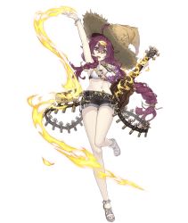 Rule 34 | 1girl, :d, arm up, asymmetrical hair, bikini, bikini top only, braid, canister, dorothy (sinoalice), flower, flower necklace, full body, glasses, hair ornament, hairclip, hat, instrument, jewelry, jino, long hair, messy hair, nail polish, navel, necklace, official art, open mouth, purple eyes, purple hair, sandals, short shorts, shorts, sinoalice, smile, solo, standing, standing on one leg, straw hat, swimsuit, transparent background, ukulele