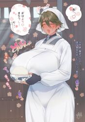Rule 34 | apron, bowl, breasts, closed eyes, covered erect nipples, covered navel, fang, fingerless gloves, gloves, head scarf, highres, huge breasts, nayu taf, open mouth, rice, rice bowl, scar, scar on face, shamoji, smile, standing, steam, white apron