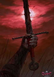 Rule 34 | 1other, absurdres, army, blood, blood splatter, bloody weapon, bracer, commentary, english commentary, fingernails, gwent (game), hand up, head out of frame, highres, holding, holding sword, holding weapon, logo, manuel castanon, official art, pike (weapon), polearm, red sky, sharp fingernails, sky, solo, sword, the witcher (series), weapon
