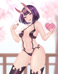 Rule 34 | 1girl, :d, absurdres, blunt bangs, breasts, breasts apart, chocolate, collarbone, commentary, contrapposto, cowboy shot, curvy, eyeshadow, fangs, fate/grand order, fate (series), forehead jewel, gradient horns, half-closed eyes, hands up, head tilt, heart, highres, holding, horns, looking at viewer, makeup, medium breasts, multicolored horns, navel, open mouth, purple eyes, purple hair, red eyeshadow, red horns, revealing clothes, short eyebrows, short hair, shuten douji (fate), sideboob, skin-covered horns, smile, solo, standing, thick eyebrows, thighhighs, w arms