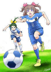 Rule 34 | 2girls, absurdres, artist name, ball, blue shirt, blue shorts, blue socks, blurry, blurry foreground, brown hair, cleats, commentary, dated, day, delicious party precure, depth of field, frown, grass, green eyes, green hair, hair ribbon, highres, in-franchise crossover, long hair, looking at another, looking at viewer, medium hair, midorikawa nao, multiple girls, nagomi yui, open mouth, outdoors, parted lips, pink ribbon, ponytail, precure, purple eyes, ribbon, running, satou yasu, in-franchise crossover, shin guards, shirt, short sleeves, shorts, signature, smile precure!, soccer, soccer ball, soccer uniform, socks, sportswear, standing, two side up, v-shaped eyebrows, white footwear, white shirt, yellow footwear, yellow ribbon