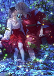 Rule 34 | 1boy, 1girl, animal ears, bead necklace, beads, black hair, blush, branch, closed eyes, commentary request, couple, dog ears, fangs, fingernails, forest, hair between eyes, hakama, hetero, highres, higurashi kagome, imminent kiss, inuyasha, inuyasha (character), japanese clothes, jewelry, kariginu, katana, knees, long hair, long sleeves, looking at another, miko, motobi (mtb umk), nature, necklace, night, open mouth, orange eyes, outdoors, pants, red pants, river, sharp fingernails, sidelocks, sitting, sparkle, sword, twitter username, water, weapon, white hair, wide sleeves