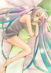 Rule 34 | 1girl, bad id, bad pixiv id, barefoot, body pillow, face, feet, green eyes, hatsune miku, legs, long hair, hugging object, panties, pillow, pillow hug, ren lowol, solo, spring onion, straddling, themed object, twintails, underwear, very long hair, vocaloid