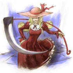 Rule 34 | 1girl, blonde hair, blue background, cervus, dress, elly (touhou), female focus, hat, lotus land story, lowres, one-eyed, red dress, scythe, smile, solo, touhou, touhou (pc-98), weapon