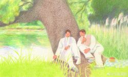 Rule 34 | 2boys, absurdres, bara, brown hair, couple, dagou (yuzhou fei gou), faceless, faceless male, forest, formal, green necktie, highres, husband and husband, in tree, lake, long sideburns, male focus, multiple boys, nature, necktie, original, painterly, pants, shoes, short hair, sideburns, sitting, sitting in tree, suit, tree, vest, white pants, white suit, yaoi