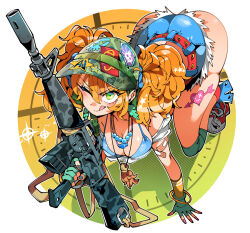 Rule 34 | 1girl, :p, aj dandy, ass, assault rifle, bandaid, belt, bikini, blonde hair, blue bikini, blush, breasts, earrings, fingerless gloves, fingernails, full body, gloves, gradient background, green eyes, gun, hat, holding, jewelry, kafun, large breasts, leaf earrings, looking at viewer, military hat, nails, necklace, one eye closed, orange hair, pearl necklace, rifle, sharp fingernails, shoes, shorts, simple background, smile, sneakers, squatting, swimsuit, tattoo on legs, tongue, tongue out, twintails, weapon