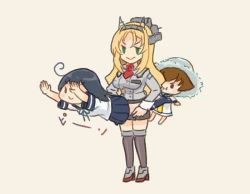 Rule 34 | 3girls, ahoge, black hair, blonde hair, blue hair, brown hair, chibi, commentary request, dress, hairband, hat, headgear, holding legs, jacket, kantai collection, lifting person, multiple girls, nelson (kancolle), outstretched arms, pleated skirt, pout, saiguchi otoufu, sailor dress, school uniform, serafuku, skirt, smile, sun hat, thighhighs, ushio (kancolle), yellow background, yukikaze (kancolle)
