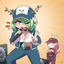 Rule 34 | 2girls, antlers, baseball cap, black headwear, black pants, blue pants, breasts, brown eyes, ceres fauna, cleavage, english text, green hair, hat, highres, holding, holding microphone, hololive, hololive english, horns, jewelry, large breasts, long hair, looking at another, looking at viewer, medium hair, microphone, mole, mole under eye, mori calliope, multiple girls, necklace, one eye closed, pants, pink hair, ponytail, ryou sakai, speaker, virtual youtuber