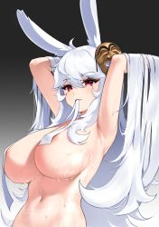 Rule 34 | 1girl, absurdres, ahoge, animal ears, armpits, arms up, breasts, cleavage, commission, completely nude, convenient censoring, gradient background, hair flowing over, highres, large breasts, long hair, looking at viewer, mask, mask on head, mouth hold, navel, nude, original, rabbit ears, red eyes, ribbon, sbgu, second-party source, solo, upper body, very long hair, wet, white hair, white ribbon
