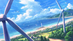 Rule 34 | animal, beach, bird, blue sky, building, cloud, cloudy sky, commentary request, day, flock, forest, horizon, island, lighthouse, mountain, nature, no humans, ocean, official art, original, outdoors, road, scenery, seagull, shiki makoto, shore, sky, town, tree, water, wind turbine, windmill