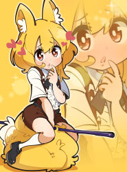 Rule 34 | 1girl, animal ears, asymmetrical hair, belt, black belt, black bow, black bowtie, black footwear, blonde hair, blush, bow, bowtie, brown eyes, brown skirt, brown vest, center frills, collared shirt, cookie (touhou), flat chest, fluffy, fox ears, fox girl, fox tail, frills, full body, gram 9, heart, highres, loafers, looking at viewer, medium hair, miramikaru riran, open mouth, shirt, shoes, short sleeves, sidelocks, skirt, socks, solo, tail, vest, white shirt, white socks, zoom layer