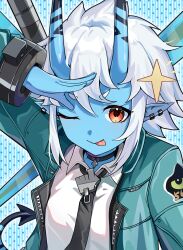 ;p absurdres alinalykiwi black_choker black_necktie blue_horns blue_skin choker collared_shirt colored_skin green_jacket hair_between_eyes highres horns jacket looking_at_viewer necktie one_eye_closed open_clothes open_jacket poi pointy_ears red_eyes salute shirt short_hair soukaku_(zenless_zone_zero) tongue tongue_out white_hair white_shirt zenless_zone_zero