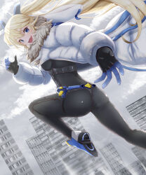 Rule 34 | 1girl, artist request, ass, blonde hair, blue eyes, bodysuit, breasts, city, cityscape, coat, fang, flying, from behind, gloves, goddess of victory: nikke, highres, laplace (nikke), long hair, looking at viewer, medium breasts, open mouth, shiny clothes, skin tight, smile, solo, twintails, very long hair