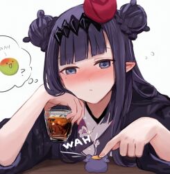 Rule 34 | 1girl, ?, alcohol, blunt bangs, blush, braid, braided bun, closed mouth, cup, double bun, drunk, ear blush, floral print, flower, hair bun, hair flower, hair ornament, halo, hands up, haori, holding, holding cup, hololive, hololive english, japanese clothes, kimono, light frown, long hair, long sleeves, looking at another, looking down, mole, mole under eye, ninomae ina&#039;nis, ninomae ina&#039;nis (new year), nose blush, official alternate costume, official alternate hairstyle, pointy ears, poking, print kimono, purple eyes, purple hair, purple kimono, red flower, sidelocks, simple background, sleeves rolled up, squeans, table, takodachi (ninomae ina&#039;nis), thought bubble, upper body, virtual youtuber, wah, white background, yuuyu (777)