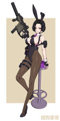 1girl absurdres animal_ears arm_pouch bar_stool black_hair breasts chest_rig covered_navel detached_collar eotech fake_animal_ears finger_on_trigger fingerless_gloves folding_stock foregrip full_body gloves gun hair_over_one_eye headset high_heels highleg highleg_leotard highres holding holding_gun holding_weapon holster kriss_vector large_breasts leaning_on_object leotard looking_at_viewer magazine_(weapon) mole mole_under_eye necktie original pantyhose playboy_bunny rabbit_ears red_eyes red_necktie scope short_hair solo stool submachine_gun suppressor tactical_playboy_bunny tanke_laide thigh_holster two-tone_background weapon wrist_cuffs