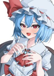 1girl ascot bat_wings blue_hair brooch dress fang hair_between_eyes hat hat_ribbon highres jewelry light_blush maid_headdress mob_cap open_mouth puffy_short_sleeves puffy_sleeves ramiki_(ramiki_3) red_ascot red_eyes red_ribbon remilia_scarlet ribbon short_hair short_sleeves simple_background smile solo touhou upper_body white_background white_dress wings wrist_cuffs