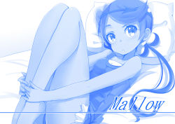 Rule 34 | 1girl, :o, bare arms, bare legs, bed, bed sheet, blue theme, blush, breasts, character name, collarbone, creatures (company), flower, game freak, hair flower, hair ornament, headband, hugging own legs, if (asita), legs together, long hair, looking away, looking to the side, lying, mallow (pokemon), monochrome, nintendo, on back, on bed, open mouth, overalls, parted bangs, pillow, pokemon, pokemon sm, small breasts, solo, tatapopo, text focus, trial captain, twintails