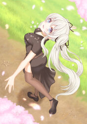 Rule 34 | 1girl, :d, black dress, black footwear, black ribbon, blue eyes, breasts, brown thighhighs, cherry blossoms, clip studio paint (medium), dress, floral print, flower, from above, grass, grey hair, hair ribbon, highres, jewelry, long hair, mabinogi, medium breasts, nao (mabinogi), neck ring, open mouth, path, print dress, ribbon, road, shoes, side slit, sidelocks, smile, solo, teeth, thighhighs, toujou mina, twintails, upper teeth only, walking