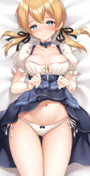 Rule 34 | 1girl, alternate costume, aqua eyes, blonde hair, blush, breasts, closed mouth, dress, hair ribbon, highres, kantai collection, lifted by self, looking at viewer, low twintails, lying, medium breasts, on back, panties, prinz eugen (kancolle), ren san, ribbon, twintails, underwear, white panties
