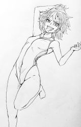 Rule 34 | 1girl, antenna hair, commentary request, competition school swimsuit, competition swimsuit, cone horns, covered navel, d-m (dii emu), eyelashes, female focus, greyscale, hair between eyes, halterneck, horns, kijin seija, leg up, looking at viewer, messy hair, monochrome, multicolored hair, one-piece swimsuit, open mouth, parted bangs, school swimsuit, sharp teeth, short hair, simple background, solo, swimsuit, teeth, thighs, toes, tongue, tongue out, touhou, traditional media