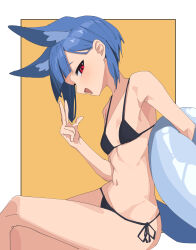 Rule 34 | 1girl, absurdres, animal ears, bare shoulders, bikini, black bikini, breasts, commentary, fox ears, fox tail, from side, head down, highres, innertube, invisible chair, looking at viewer, myakuro, navel, open mouth, original, profile, rectangle, red eyes, short hair, side-tie bikini bottom, sideways glance, simple background, sitting, small breasts, smile, solo, swim ring, swimsuit, tail, thighs, w, yellow background