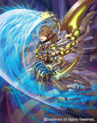 Rule 34 | 1boy, armor, armored boots, boots, brown hair, cardfight!! vanguard, company name, eyepatch, gloves, green eyes, male focus, official art, open mouth, steam knight ilku, sword, teeth, weapon