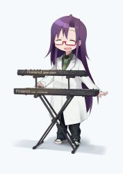 Rule 34 | 1girl, bad id, bad twitter id, blush, converse, glasses, goshiki agiri, green necktie, instrument, keyboard (instrument), kill me baby, lab coat, long hair, looking at viewer, necktie, okayparium, open mouth, purple hair, shoes, smile, sneakers, solo