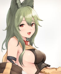 Rule 34 | 1girl, :d, animal ears, bad id, bad pixiv id, blush, breasts, erune, fang, granblue fantasy, green hair, hair between eyes, koretsuki azuma, large breasts, looking at viewer, open mouth, red eyes, sen (granblue fantasy), sideboob, simple background, smile, solo