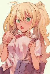 Rule 34 | 1girl, :o, ahoge, bag, black bag, blonde hair, blouse, blue skirt, blush, bow, bowtie, breasts, collared shirt, commentary, cup, dark-skinned female, dark skin, disposable cup, drinking straw, dumbbell nan kilo moteru?, fang, green background, green eyes, hair between eyes, holding, holding cup, holding strap, long hair, looking at viewer, medium breasts, open mouth, pleated skirt, red bow, red bowtie, sakura hibiki, school bag, school uniform, shirt, short sleeves, skirt, solo, soto, tan, twintails, upper body, very long hair, white shirt