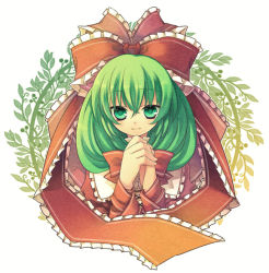 1girl al arm_ribbon bad_id bad_pixiv_id female_focus frills front_ponytail green_eyes green_hair hair_ribbon kagiyama_hina matching_hair/eyes mugura own_hands_together ribbon smile solo touhou