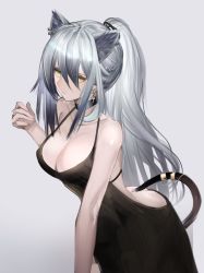 Rule 34 | 1girl, animal ears, arknights, backless dress, backless outfit, black dress, breasts, choker, dress, eugle na, grey background, hair between eyes, hair ornament, highres, long hair, looking at viewer, medium breasts, piercing, ribbon, schwarz (arknights), simple background, solo, tail