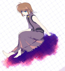 Rule 34 | 1girl, arm support, barefoot, black dress, blue eyes, brown hair, dress, dutch angle, lyrical nanoha, mahou shoujo lyrical nanoha, mahou shoujo lyrical nanoha a&#039;s, mahou shoujo lyrical nanoha a&#039;s portable: the battle of aces, stern the destructor, short hair, sitting, solo, takana (nanao)