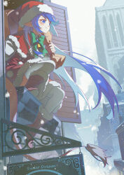 Rule 34 | 1girl, absurdres, blue eyes, blue hair, boots, bow, bowtie, building, capelet, chinese commentary, christmas, closed mouth, commentary request, doremy sweet, dress, english text, film grain, from side, full body, fur-trimmed boots, fur-trimmed capelet, fur-trimmed dress, fur trim, green bow, green bowtie, hat, highres, holding, holding sack, jiege, long hair, outdoors, partial commentary, pointy ears, red capelet, red dress, red footwear, sack, santa costume, santa hat, sign, sitting, smile, snow, solo, steam, thighhighs, touhou, very long hair, white thighhighs, window