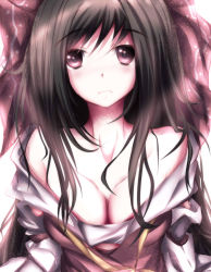 Rule 34 | 1girl, bad id, bad pixiv id, bow, breasts, brown hair, cleavage, collarbone, detached sleeves, female focus, hair bow, hakurei reimu, highres, japanese clothes, long hair, miko, off shoulder, red eyes, saijou karin, solo, touhou, upper body