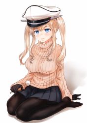 Rule 34 | 1girl, absurdres, black gloves, blonde hair, blue eyes, breasts, covered erect nipples, full body, gloves, graf zeppelin (kancolle), hat, highres, kantai collection, kutouten, large breasts, military hat, mimikaki, miniskirt, no shoes, pantyhose, peaked cap, pleated skirt, ribbed sweater, sidelocks, skirt, solo, sweater, turtleneck, turtleneck sweater, twintails