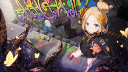 Rule 34 | 1girl, abigail williams (fate), abigail williams (traveling outfit) (fate), bad id, bad pixiv id, bae.c, black bow, black jacket, blonde hair, blue eyes, bow, character name, closed mouth, commentary request, fate/grand order, fate (series), from above, graffiti, hair bow, hair bun, hand up, highres, jacket, long hair, long sleeves, looking at viewer, looking up, medjed (fate), hugging object, official alternate costume, orange bow, parted bangs, polka dot, polka dot bow, red footwear, revision, shoes, single hair bun, sleeves past fingers, sleeves past wrists, smile, solo, spray can, standing, stuffed animal, stuffed toy, suction cups, teddy bear, tentacles